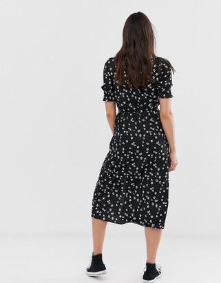 Influence Tall shirred sleeve floral midi dress with button down front in black