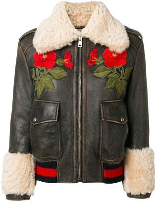 Gucci embroidered shearling lined bomber jacket