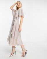 Thumbnail for your product : Style Cheat metallic flutter sleeve wrap midi dress in champagne glitter