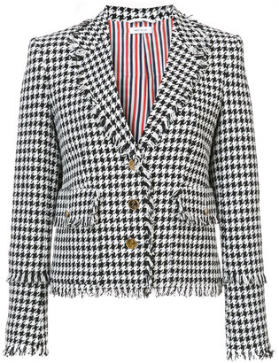 Thom Browne Trompe L’oeil Collar Sport Coat With Fray In Gun Club Check Gimped Yarn Tweed