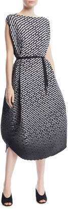 Issey Miyake Dot-Stripe Belted Asymmetric Midi Dress
