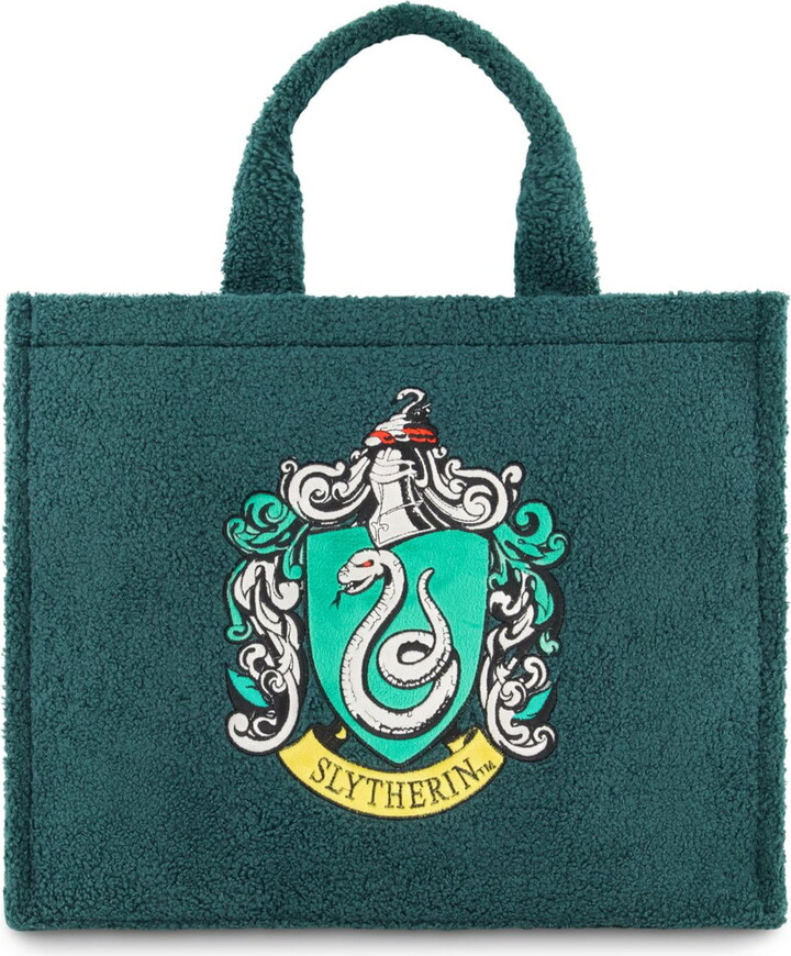 Harry Potter Tote Bag, Slytherin Crest Faux Fur Travel Handbag with Adjustable Shoulder Strap and Trolley Sleeve, Green
