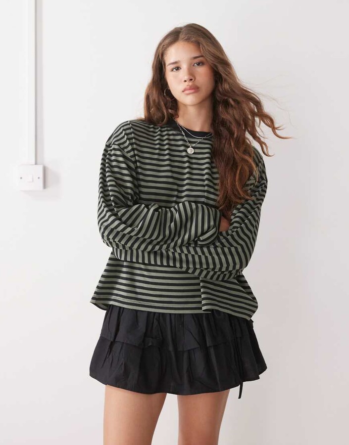 Lioness Bloom cotton blend long sleeve crew neck boxy t-shirt in green & black stripes