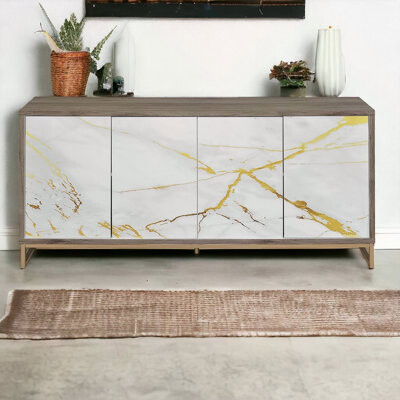 Everly Quinn White Marble Paint Oak & Champagne Finish Console Cabinet