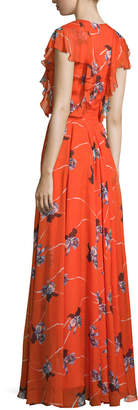 Sachin + Babi Cap-Sleeve Floral-Print Gown W/Ruffles, Coral