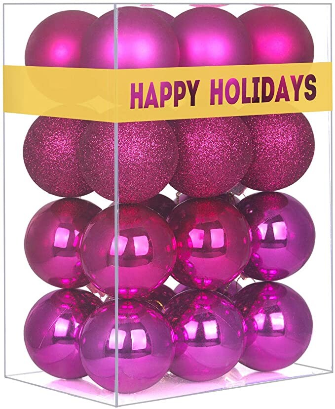 GameXcel 24Pcs Christmas Balls Ornaments for Xmas Tree - Shatterproof Christmas Tree Decorations Perfect Hanging Ball Fluorescent Pink 1.6" x 24 Pack
