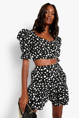 boohoo Polka Dot Puff Sleeve Top & Ruched Mini Skirt - ShopStyle