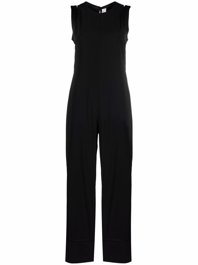 Victoria Beckham Tie-neck Grosgrain-trimmed Grain De Poudre Wool Jumpsuit in Black Womens Clothing Jumpsuits and rompers Full-length jumpsuits and rompers 