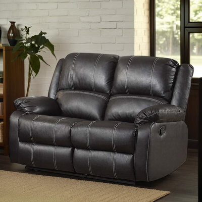 Benjara Zuru Motion Manual Recliner Loveseat Pillow Top Faux Leather