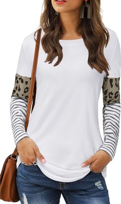 LAISHEN Women's Leopard Print Patchwork Colour Block Tunic Round Neck Long Sleeve Ladies T Shirts Striped Causal Blouses Tops Dark Gray