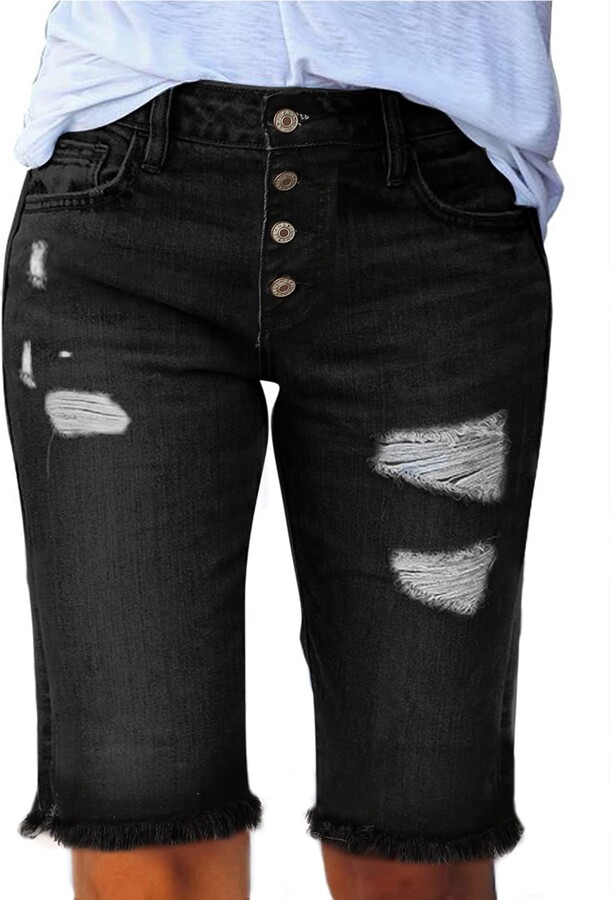 EVALESS Womens Ripped Denim Bermuda Shorts Distressed Jeans Shorts Ripped  Hole Slim Fit Boyfriend High Waist Washed Denim Pants Black Size 6 -  ShopStyle