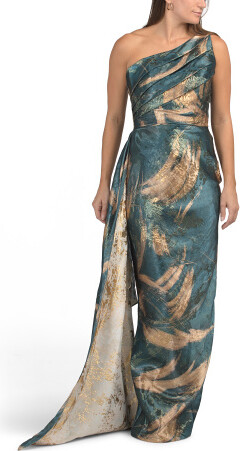 One Shoulder Jacquard Column Gown With Sash for Women | Polyester
