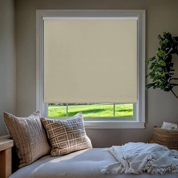 Cream Textured Cordless Blackout Privacy Vinyl Roller Shade 56 in. W x 64 in. L