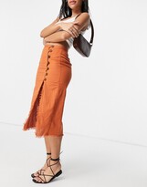 Thumbnail for your product : ASOS DESIGN midi skirt with raw edge and button detail in rust