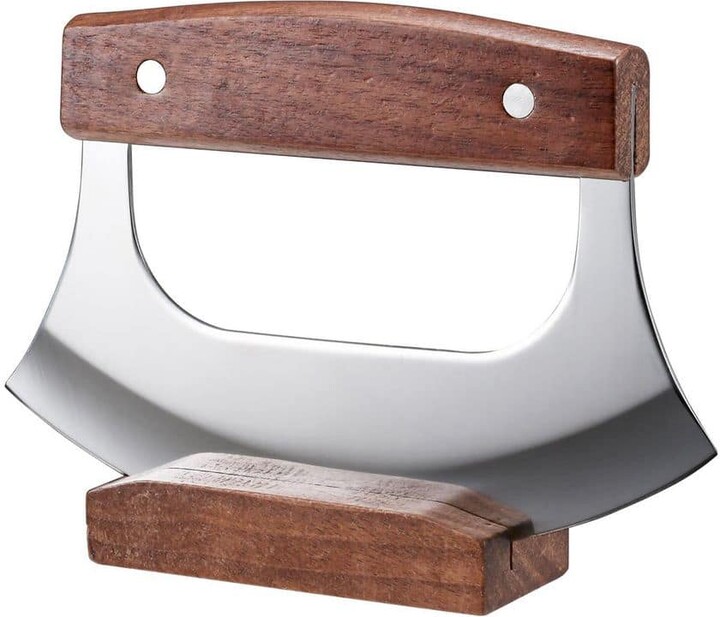 Wudkey Walnut Handle Stand Ulu Knife: Stainless Steel Curved Rocker Knife for Pizza, Meat, Vegetables, Kitchen Cutting Tool