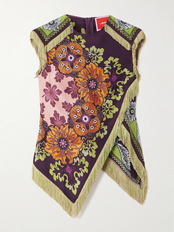 La DoubleJ Fringed Printed Silk-twill Top - Green
