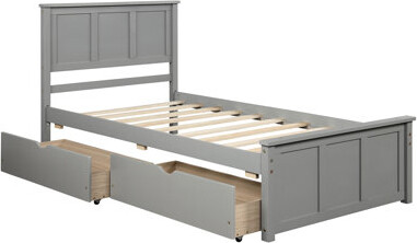 Gray Twin Platform Bed With 2 Sliding Drawers And Wheels, Solid Wood & Built Size Storage Rolling Construction