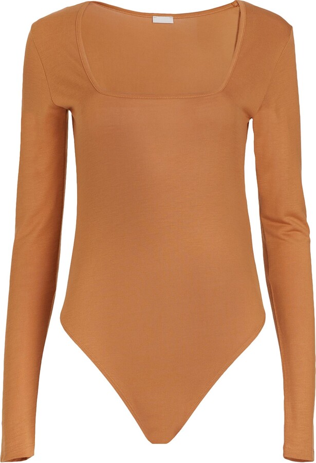 8 By YOOX Jersey L/sleeve Square Neck Brief Bodysuit T-shirt Tan - ShopStyle