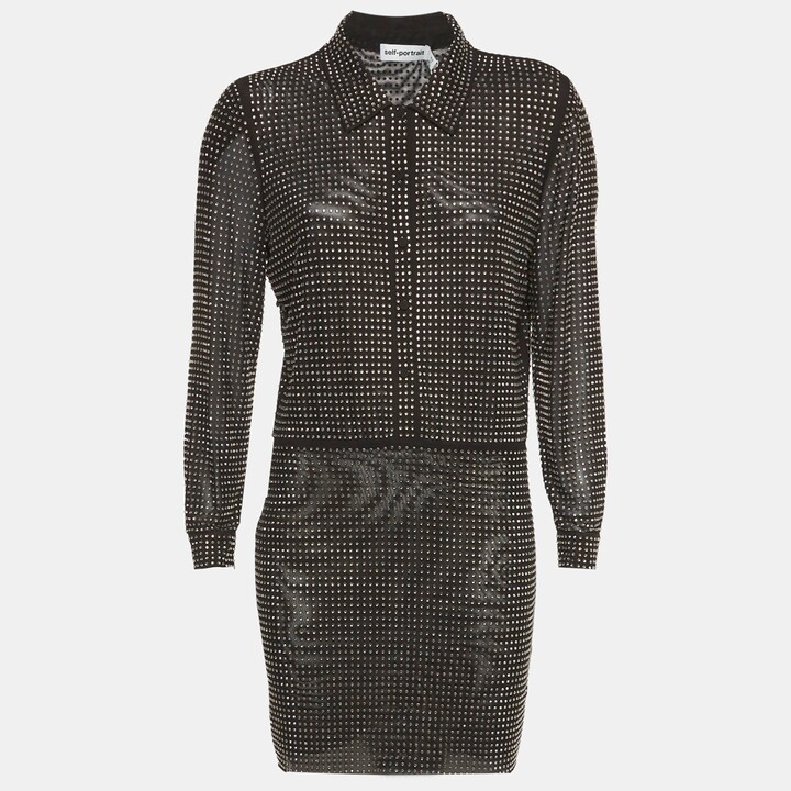 Self-Portrait Black Mesh Rhinestone Mini Shirt Dress
