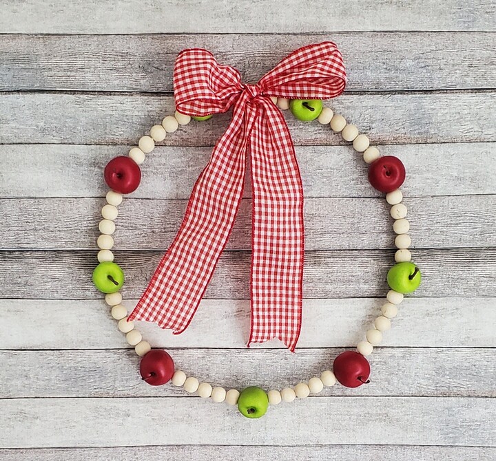 Apple Bead Wreath For Door, Red & Green Apples With Wood Bead, Minimal, Fall Front Door - Farmhouse 2022