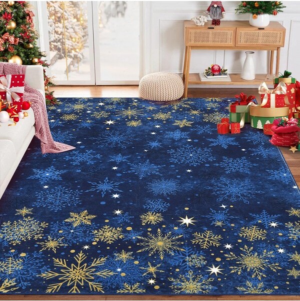 COZONYWashableChristmasAreaRugwithSnowflakesSoftLowPileNon-SlipNon-SheddingCarpetforLivingRoomHolidayAccentDecor
