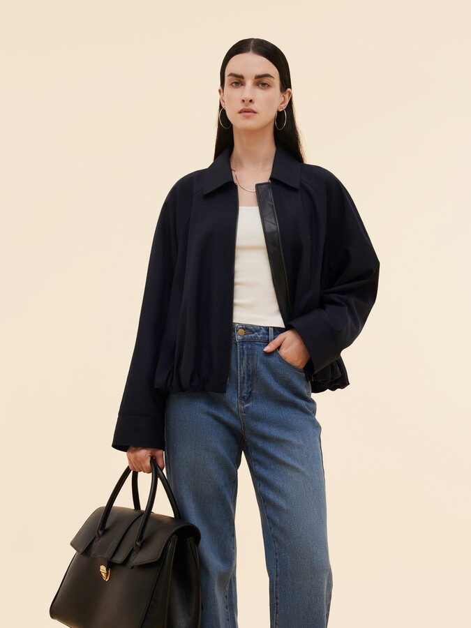 GOELIA Worsted Wool Blend Zip-Up Women Jacket - Dark Navy / XS