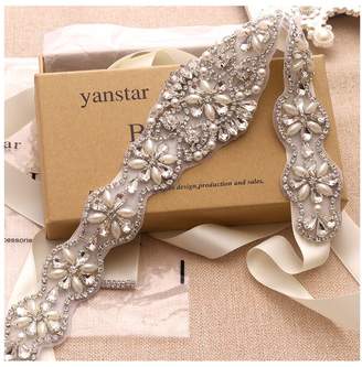Yanstar Wedding Bridal Belt With Gold Rhinestone Ivory Ribbon Sashes For Wedding Gown