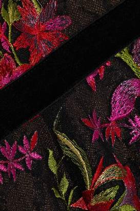 Marchesa Notte Velvet-trimmed Embroidered Tulle Dress