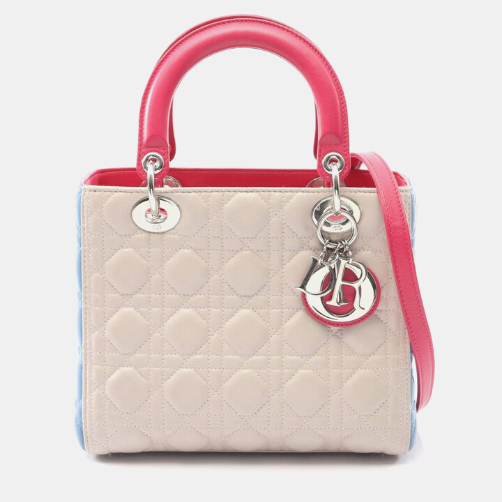 Christian Dior Lady Cannage Handbag Leather Beige Blue Pink