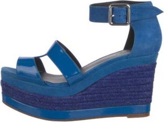 Hermes Llana Sandals Blue Suede Platform Straps & Buckle Closure at Ankles