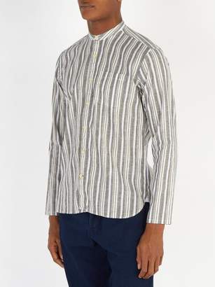 Oliver Spencer Striped Grandad Collar Cotton Blend Shirt - Mens - Green Multi