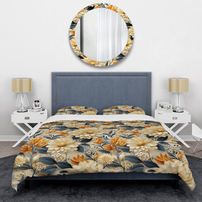 Design Art Mosaic Beige And Blue Botanicals I - Floral Duvet Cover Set