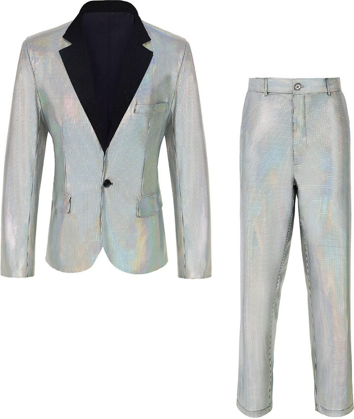 IWQBQ Men's 70s Disco Suit TwoPiece Set Shiny Slim Fitting Party