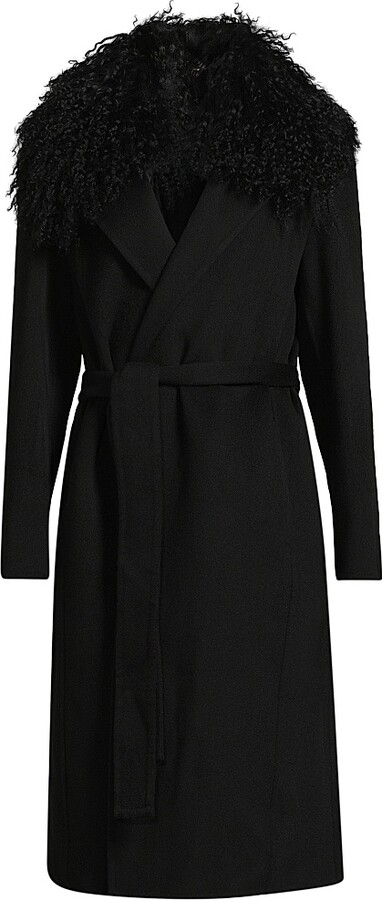 Women's Shirley Shearling Collar Wool Coat - Black - Size Small