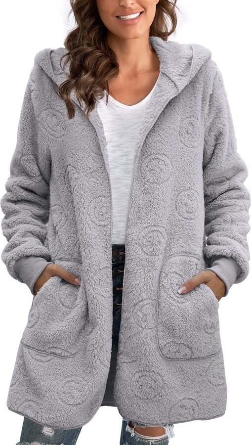 Yanekop Womens Fuzzy Fleece Open Front Hooded Cardigan Jackets Sherpa  Outerwear Coats With Pockets(04 Grey Smile - ShopStyle
