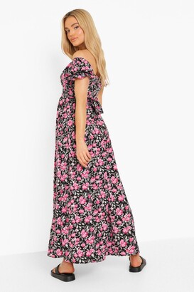 boohoo Floral Bardot Shirred Bust Split Maxi Dress