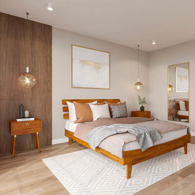 Blooming Acacia Wood 15-Inch Bed Frame - Adjustable Headboard, Mid-Century Style, No Box Spring Needed