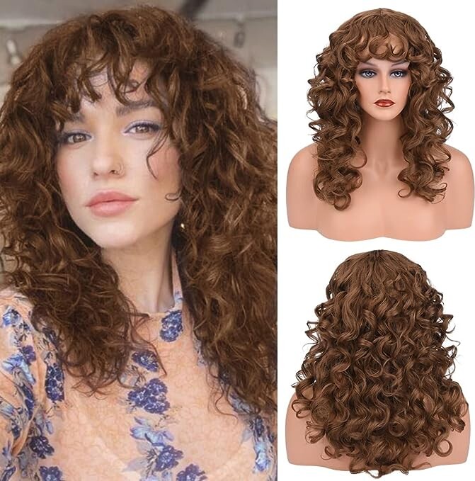 REECHO Curly wigs with Bangs, 20” Long Curly Shag Haircuts Wig Synthetic Hair Replacement Wig for Women Daily Use Party Cosplay - Light Brown