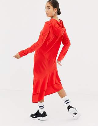 Noisy May hoodie dress with asymmetric hem in red
