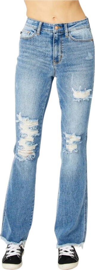 Judy Blue High Waisted Destroy Fray Hem Bootcut Jeans In Medium Blue