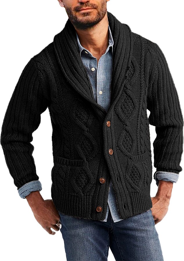 Karlywindow Mens Cable Knit Cardigan Sweater Shawl Collar Button Down ...