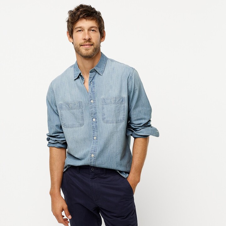 J.Crew Slim Untucked stretch chambray workshirt in organic cotton -  ShopStyle Long Sleeve Shirts