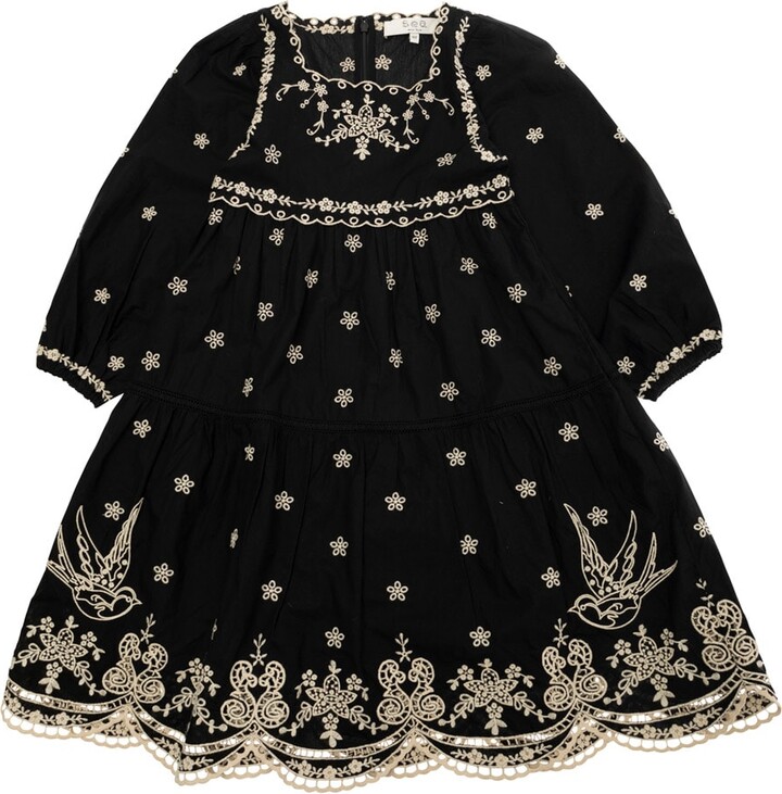 Sea 'kingsley' Black Dress With All-over Embroidery In Cotton Girls