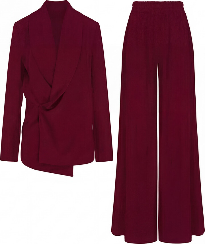Bluzat Burgundy Set With Wrap Blazer And Flared Trousers