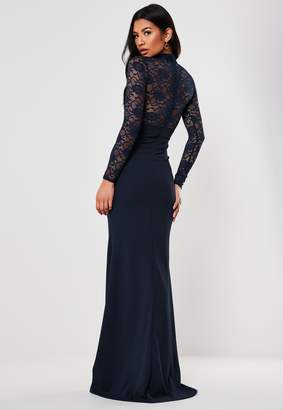 Missguided Bridesmaid Navy Sheer Lace High Neck Maxi Dress