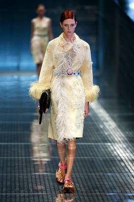 Prada Embellished silk coat with feather trim