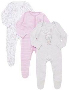 F&F 3 Pack of Bunny Print Sleepsuits, Infant Girl's