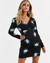 Thumbnail for your product : ASOS DESIGN DESIGN embroidered scuba mini wrap dress in black