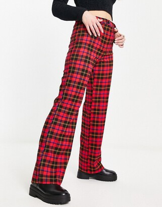 Red Plaid Trousers For Women