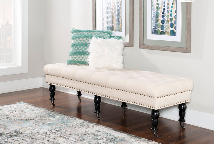 Linon Kacie 62" Wide Buttun Tufted Bench, Dark Espresso with Natural Linen